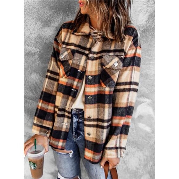 Women Fall Long Sleeve Top Button Down Casual Plaid Flannel Checkered Shirts - Picture 3 of 6